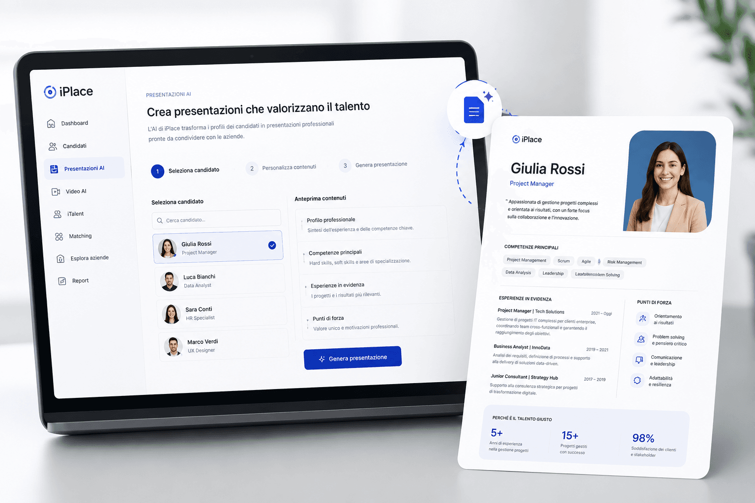 Interfaccia iPlace su laptop per creare presentazioni di candidati tramite AI e profilo professionale digitale.
