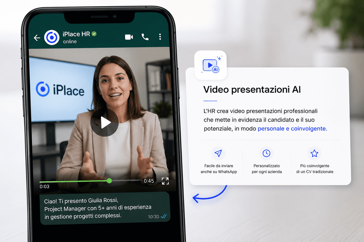 Smartphone che mostra una video presentazione AI su WhatsApp per il reclutamento professionale.